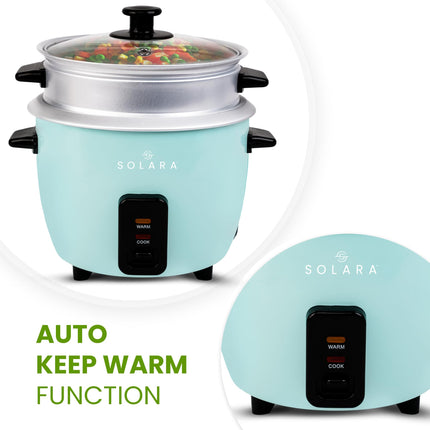 SOLARA 1Litre One Touch Rice Cooker, Automatic Electric Cooker with Food Steamer, Electric Rice Cooker and Grain Cooker, 400 Watts, Rice Cooker 1 Litre with Steam & Rinse Basket, Aqua 