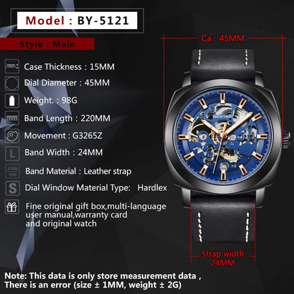 BENYAR Automatic Mechanical Skeleton Leather Strap Men's Watch