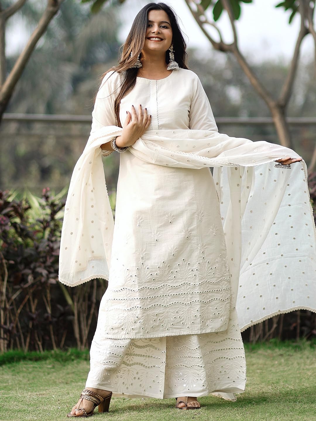 Libas Women Embroidered Cotton Straight Kurta & Palazzo With Dupatta