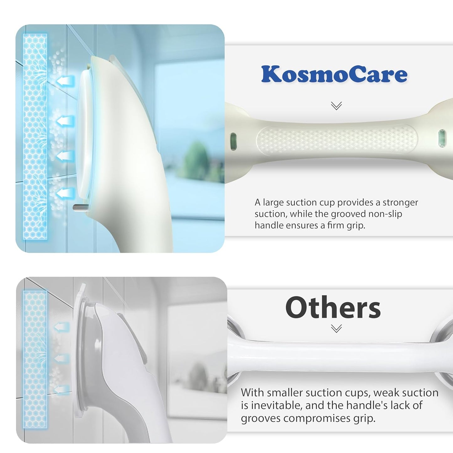 KosmoCare Suction Grab Bar | 17 Inch Tool-Free Shower Handle |Safety Suction Grab Bars with Indicator |Portable Safety Rail for Elderly, Handicap, Seniors | Suction Grip for Bathroom & Bathtubs (Blue)