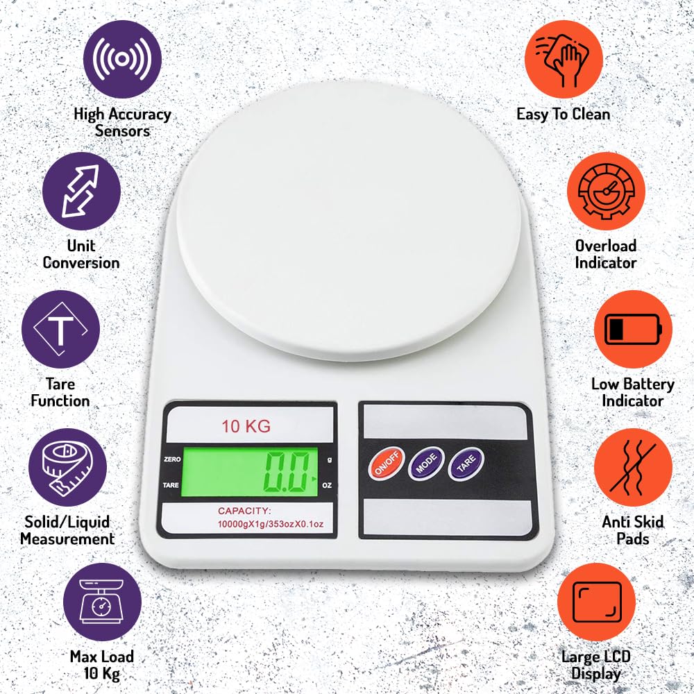 ATOM Digital Kitchen Food Weighing Scale For Healthy Living, Home Baking, Cooking, Fitness & Balanced Diet. | Digital Display 10Kg x 1gms with 2 Batteries Included, SF400/A121, Color May vary