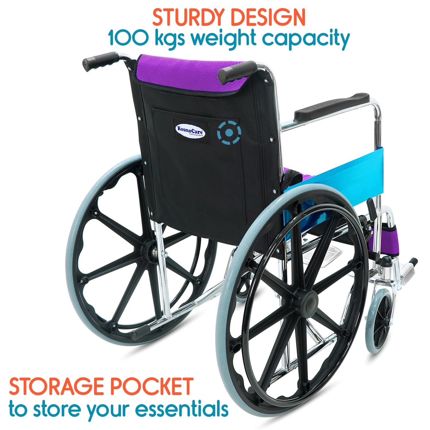 KosmoCare Dura Rexine Wheelchair | Self-Propelled & Attendant Use | Hammered Finish MS Frame | 24" Mag Wheels | Removable Footrests | Foldable Design | Comfortable Rexine Seat | Supports Up to 100 kg