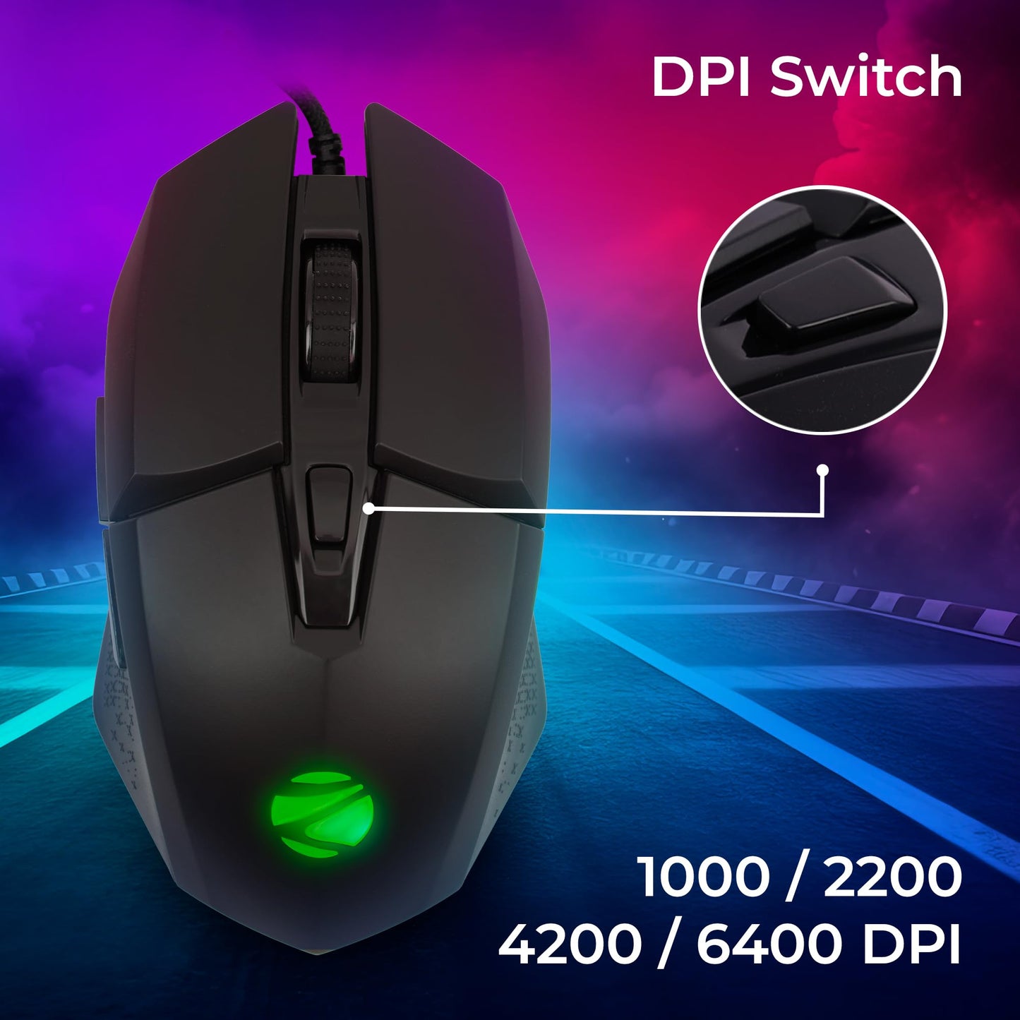 ZEBRONICS PHERO Wired Gaming Mouse with up to 1600 DPI, Rainbow LED Lights, DPI Switch, High Precision, Plug & Play, 4 Buttons