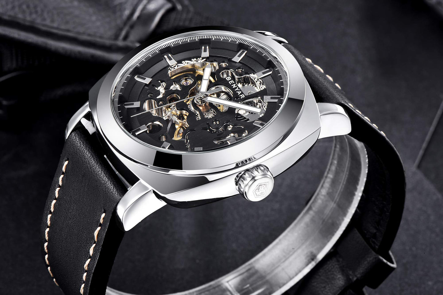 BENYAR Automatic Mechanical Skeleton Leather Strap Men's Watch