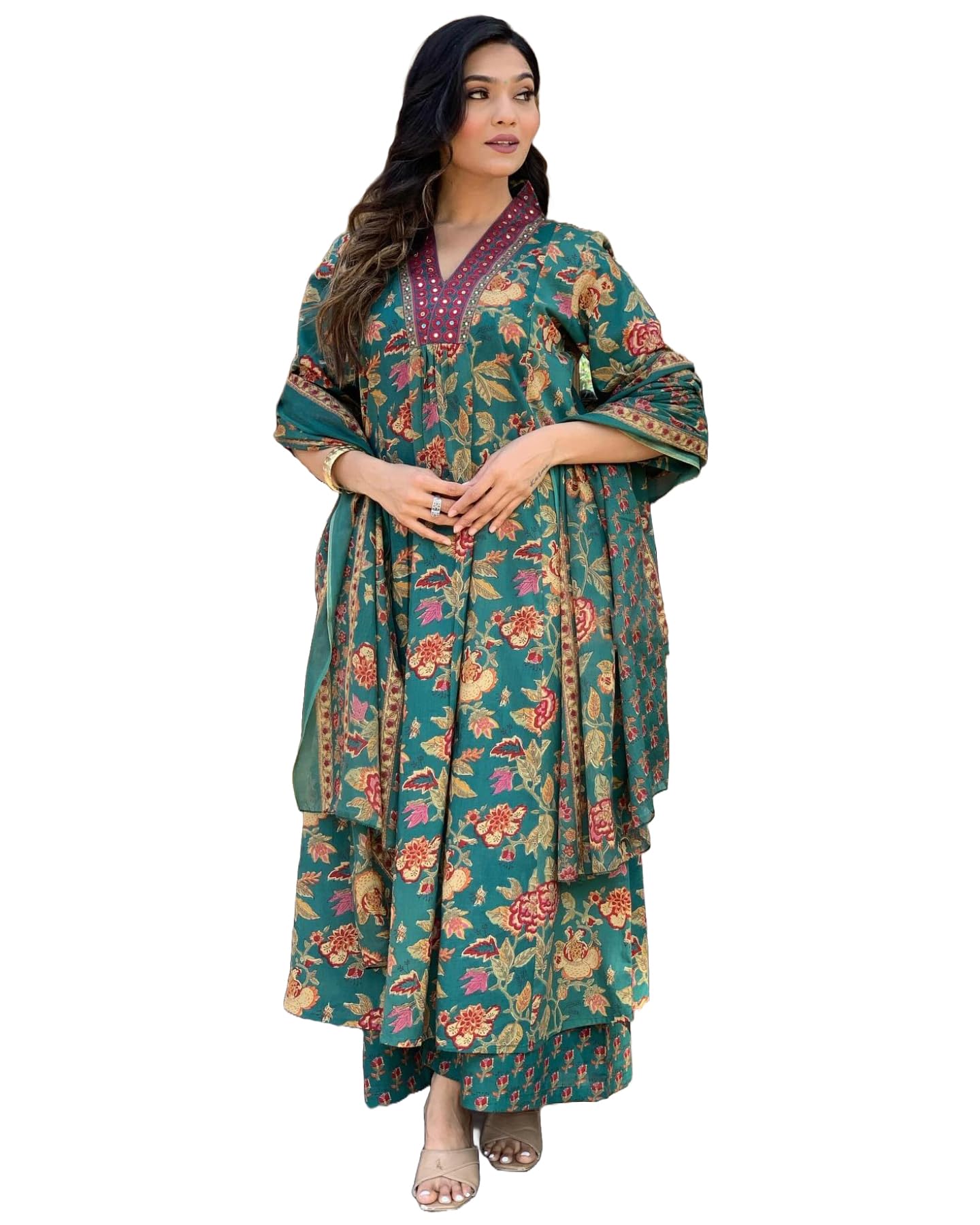 GoSriKi Women's Rayon Blend Anarkali Printed Kurta with Palazzo & Dupatta