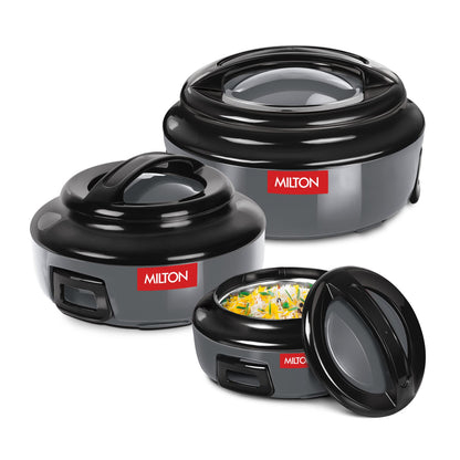 Milton Micronova Jr. Gift Set Inner Stainless Steel Casserole, Set of 3 (380 ml, 775 ml, 1345 ml), Grey, BPA Free, Food Grade, Hot and Cold, Microwaverable Steel, Dishwasher Safe, Chapati, Roti