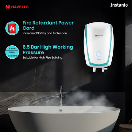 Havells Instanio 3L Instant Water Heater(Geyser)| Temp. Sensing LED Indicator| Rust & Shock Proof Body| ISI Marked|With Flexible Pipes|Warranty: 5 year on Inner Tank| High Rise Compatible (White Blue) 