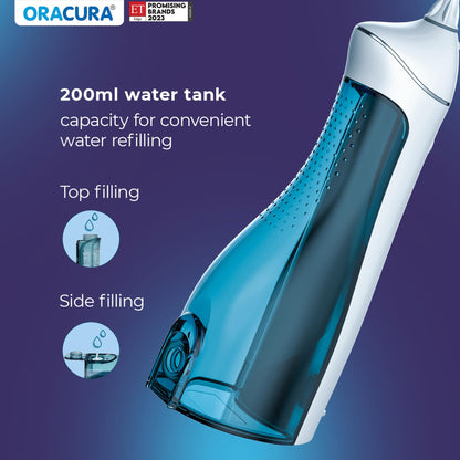 ORACURA® OC200 Dental PRO Smart PLUS Water Flosser® Black, 8 Nozzle Tips, Portable & Rechargeable, Custom 8 Water Pressure Settings, 200ml Tank Capacity, IPX7 Waterproof, 365 Days Warranty