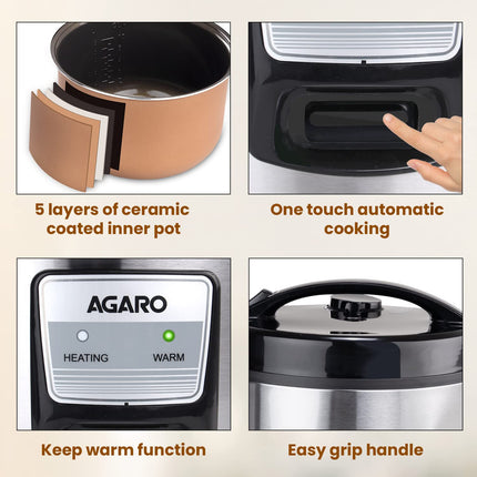 AGARO Regency Electric Rice Cooker, 5L Ceramic Coated Inner Bowl, Cooks up to 1.5Kgs (approx.10 cups) raw rice, 700 W, Easy Grip handle, Automatic Cooking, Keep Warm Function, Multipurpose Cooking 