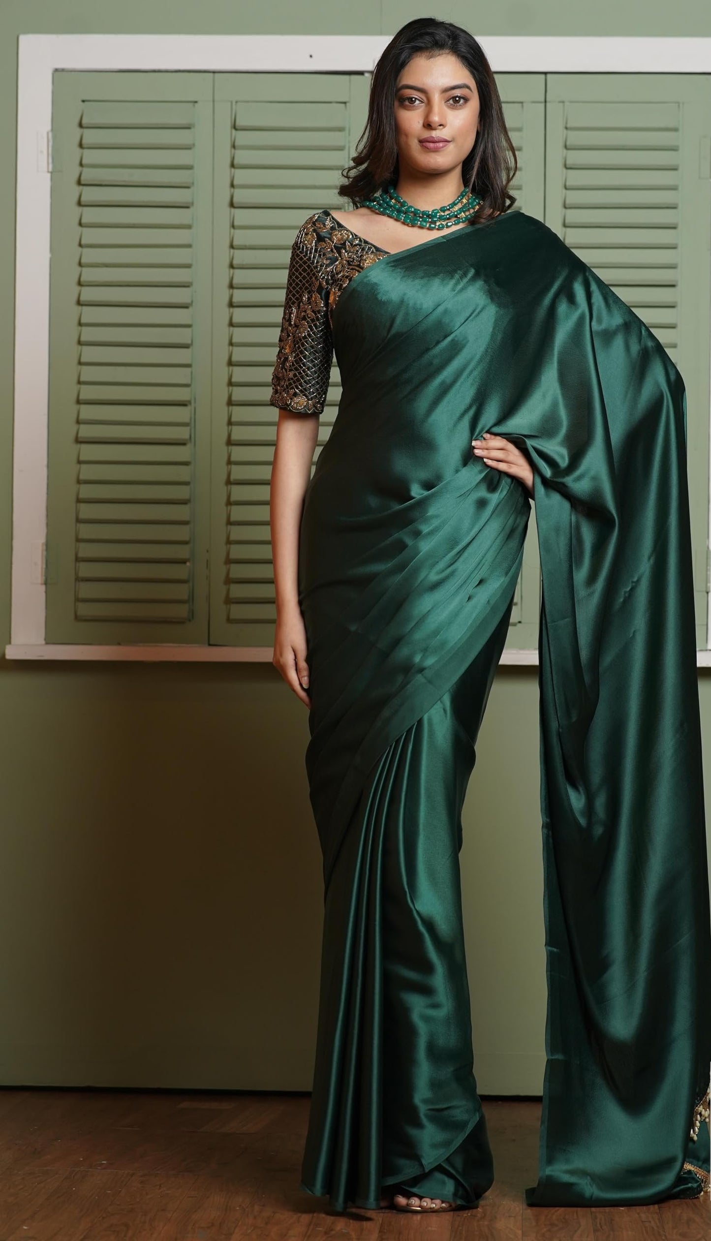 SATAZ Women's Ready to Wear Satin Silk 1 Minute Pre Pleated Heavy Saree with Solid Plain Green Unstiched Blouse