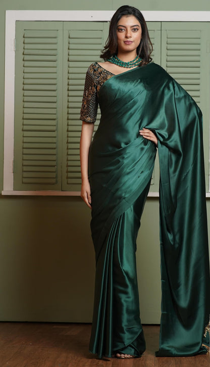 SATAZ Women's Ready to Wear Satin Silk 1 Minute Pre Pleated Heavy Saree with Solid Plain Green Unstiched Blouse