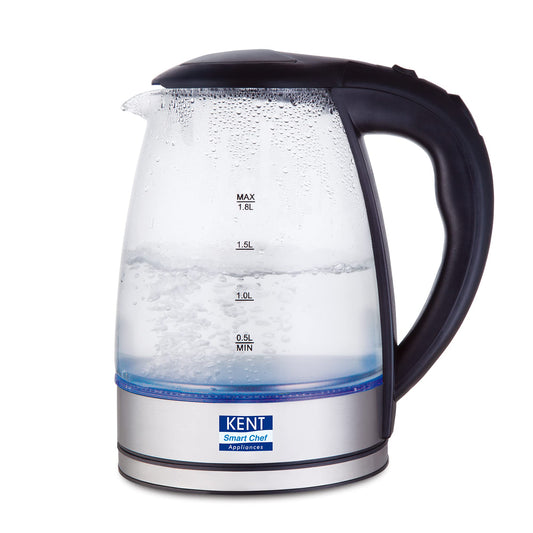 KENT Elegant Electric Glass Kettle (16052), 1.8L, Stainless Steel Heating Plate, Borosilicate Glass Body, Boil Drying Protection