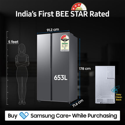 Samsung 653 L, 3 Star, Frost Free, Double Door, Convertible 5-in-1 Digital Inverter, Side By Side AI Enabled Smart Refrigerator with WiFi (RS76CG8003S9HL, Silver, Refined Inox, 2024 Model)