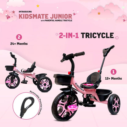 Kidsmate Junior Tricycle for Kids with Parental Control | Cycle for Kids 1-4 Years | Baby Cycle | Bicycle for Kids with Storage Basket, Cushion Seat and Seat Belt Carrying Capacity 30 Kgs (Pink)