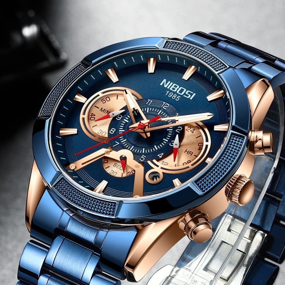 NIBOSI Stainless Steel Blue and Gold Fashion Chronograph Calendar Watch for Men