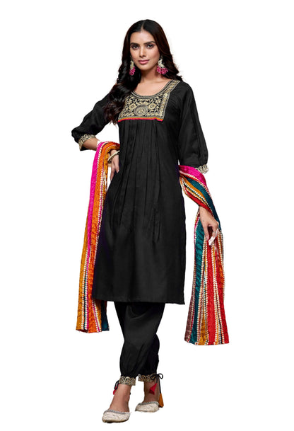 EthnicJunction Women's Cotton Blend Embroidery Kurta Salwar with Multicolor Dupatta