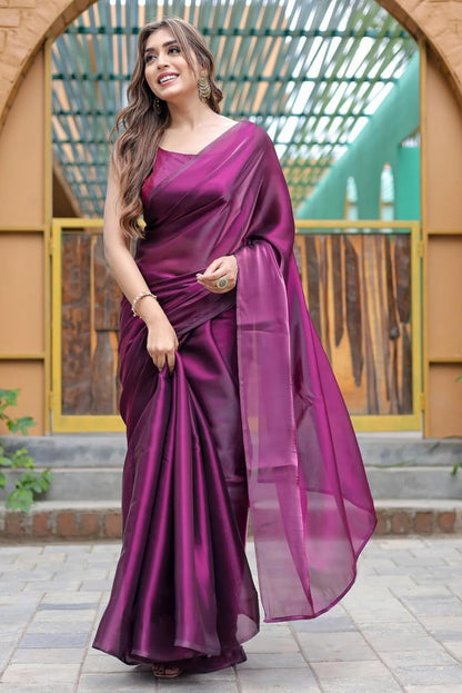 SATAZ Women's Ready to Wear Jimichu Silk One Minute Readymade Traditional Designer Wine Saree With Unstitched Blouse