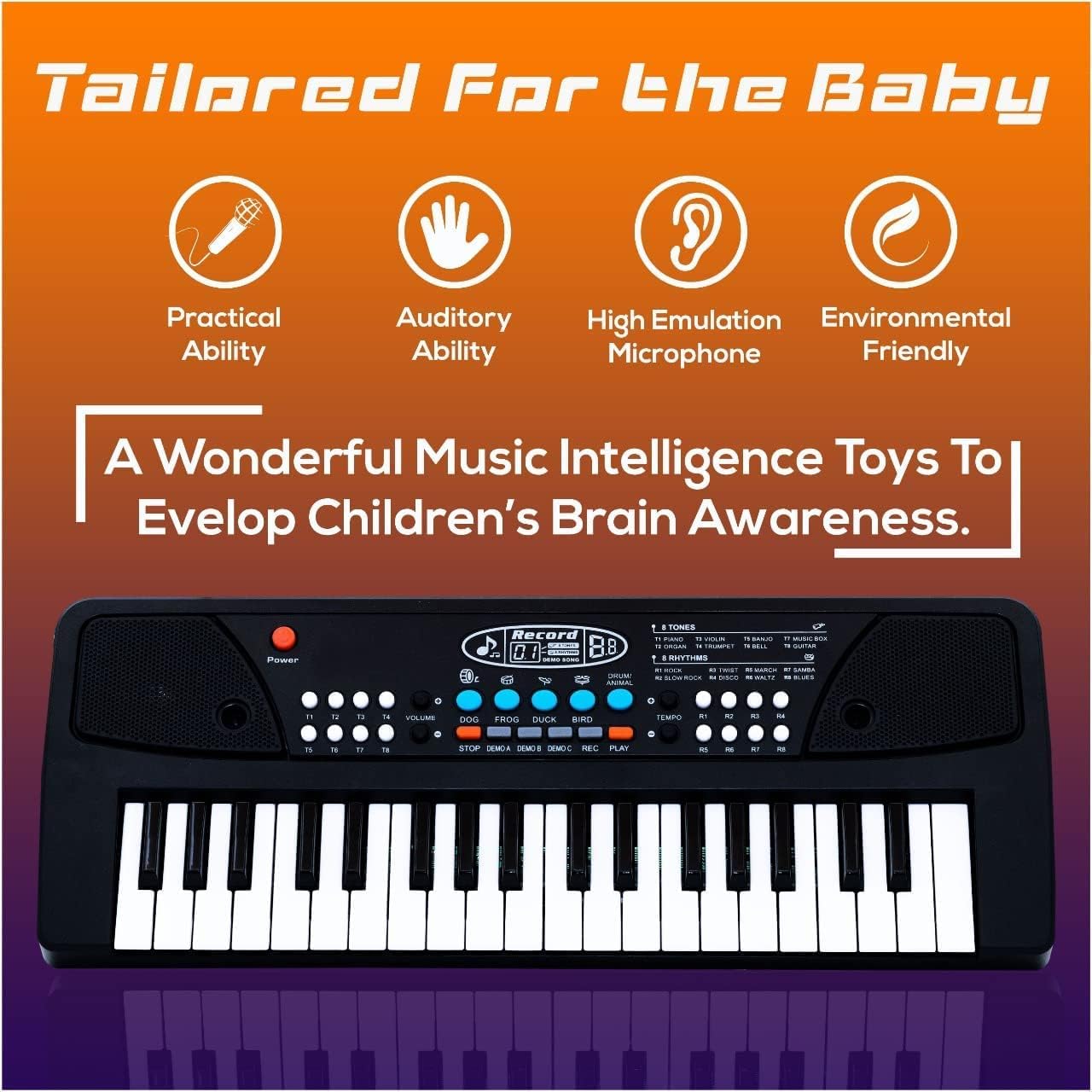 VEBETO Kids Piano with Mic (1 Year Warranty) 37 Keys 8 Rhythms 8 Tones 6 Demos Portable Electronic Keyboard Toy Beginners Educational Songs Recording Musical Toys Age 3 to 5 Years Boys Girls