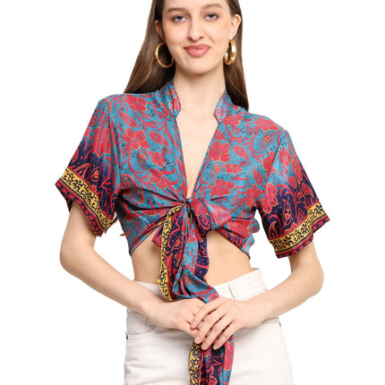 KE Kanha exportsWomen’s and Girls/Ladies Wrap Around Tops Beach wear Tunic Top V Neck Silk Casual Sleeve Printed Top Relaxed Fit Free Size