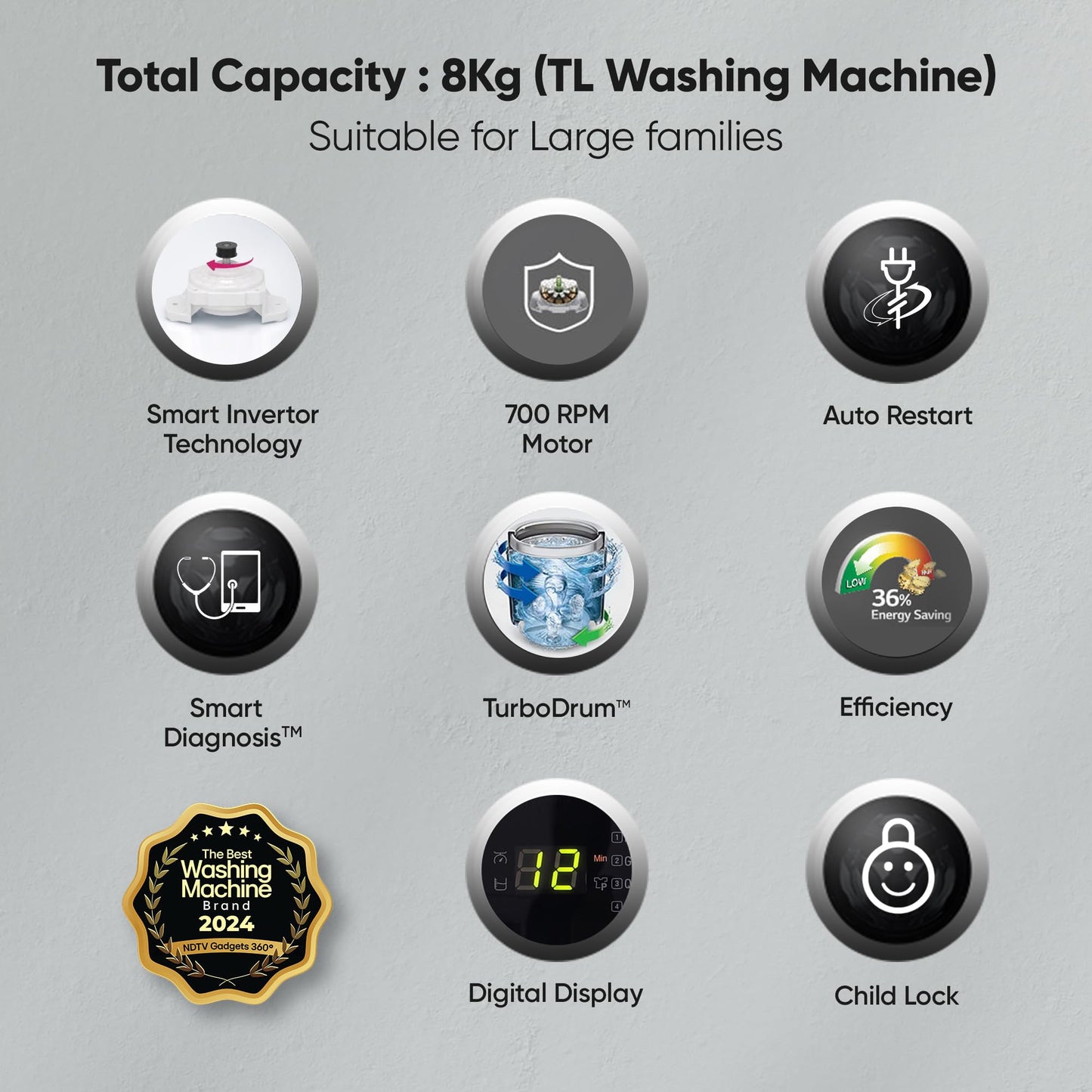 LG 8 Kg 5 Star Smart Inverter Technology Fully Automatic Top Load Washing Machine (2025 Model, T80VBMB4Z, Turbodrum, Auto Prewash, Stainless Steel drum, LED Display, Smart Diagnosis, Middle Black)