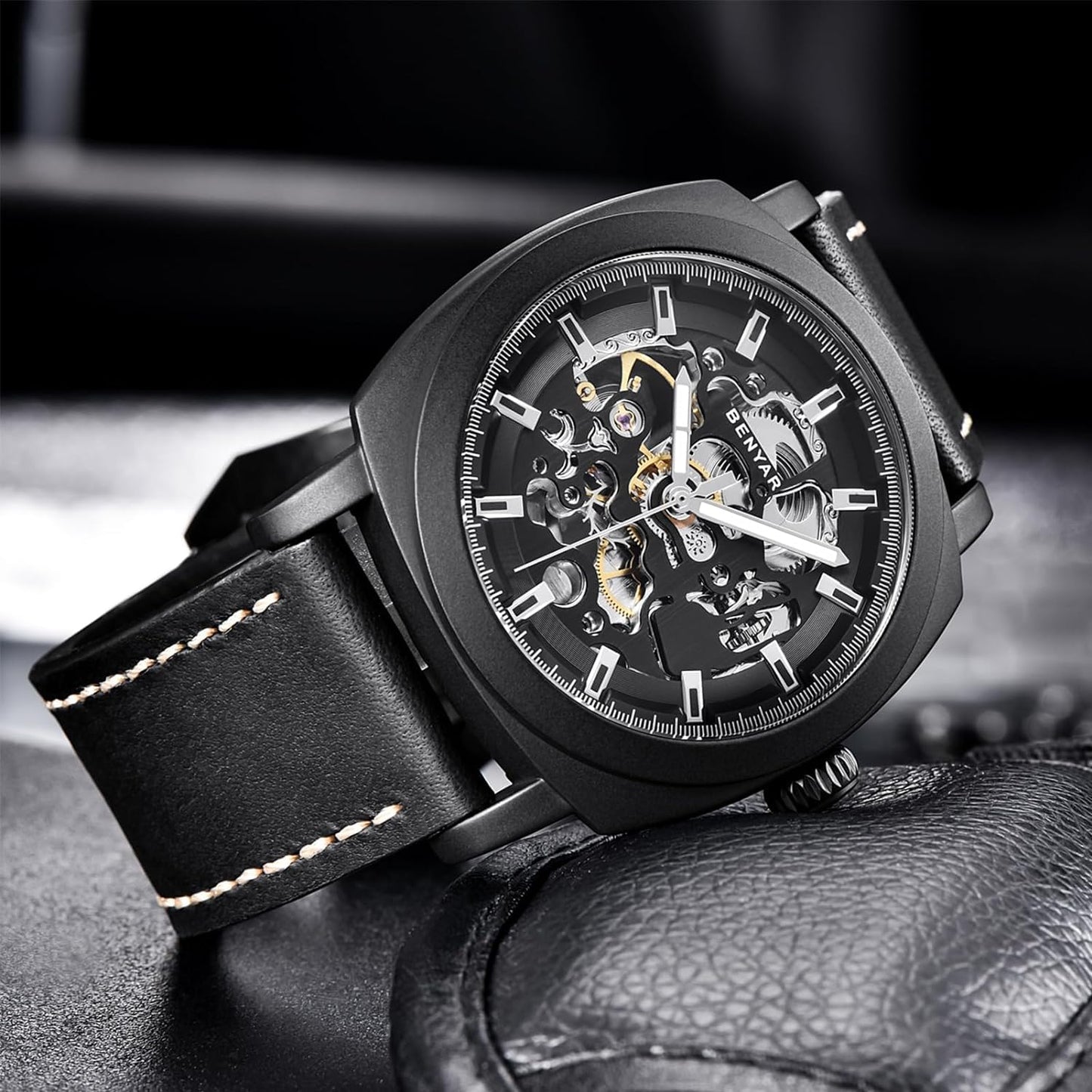 BENYAR Automatic Mechanical Skeleton Leather Strap Men's Watch