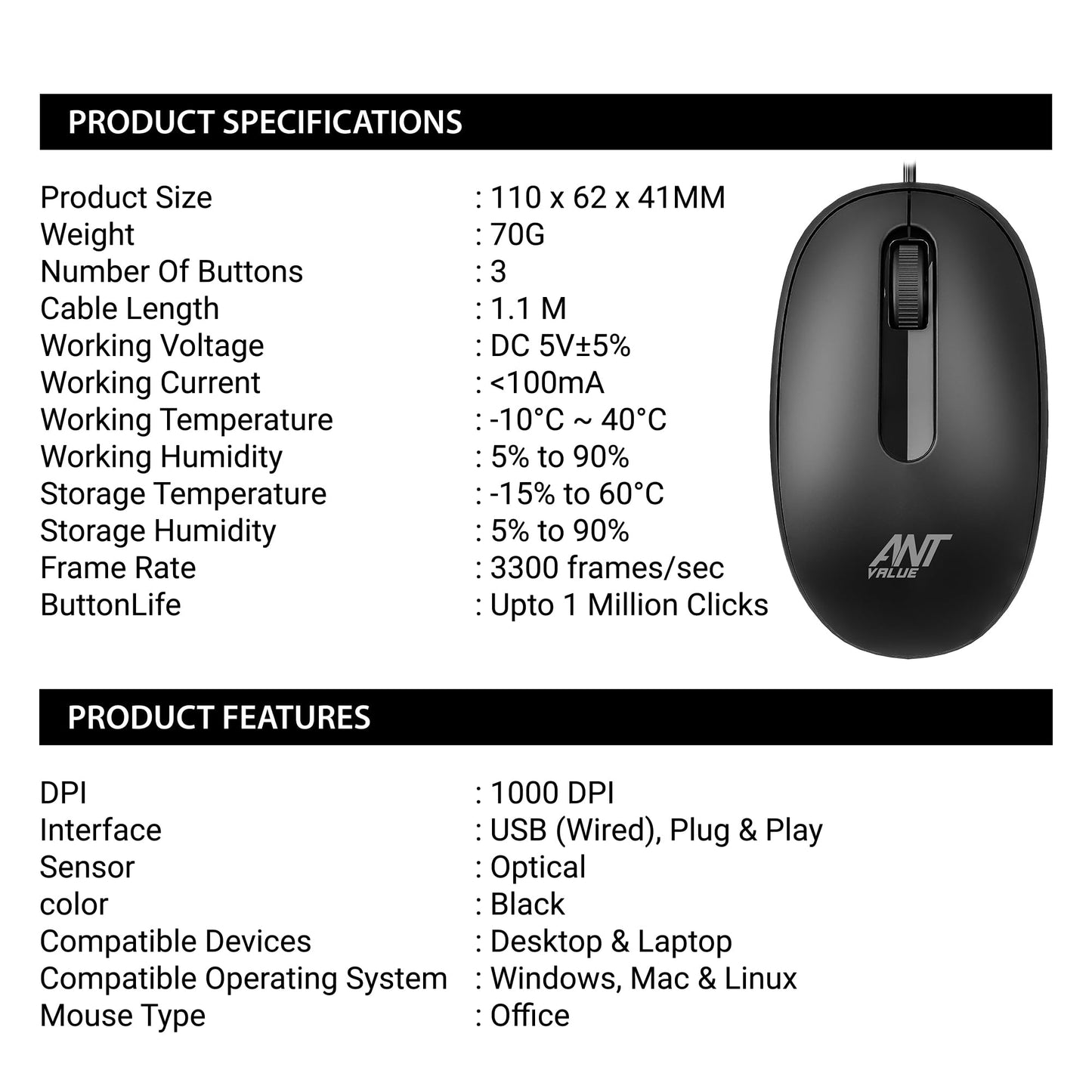 Ant Value OM120 Wired Optical Mouse, 1000 DPI, 3ft Cable, Easy and Accurate Scroll Button, Optical Sensor Computer Mouse, Left and Right-Hand Use for Laptop, PC, Mac Notebook and Linux-Matte Black