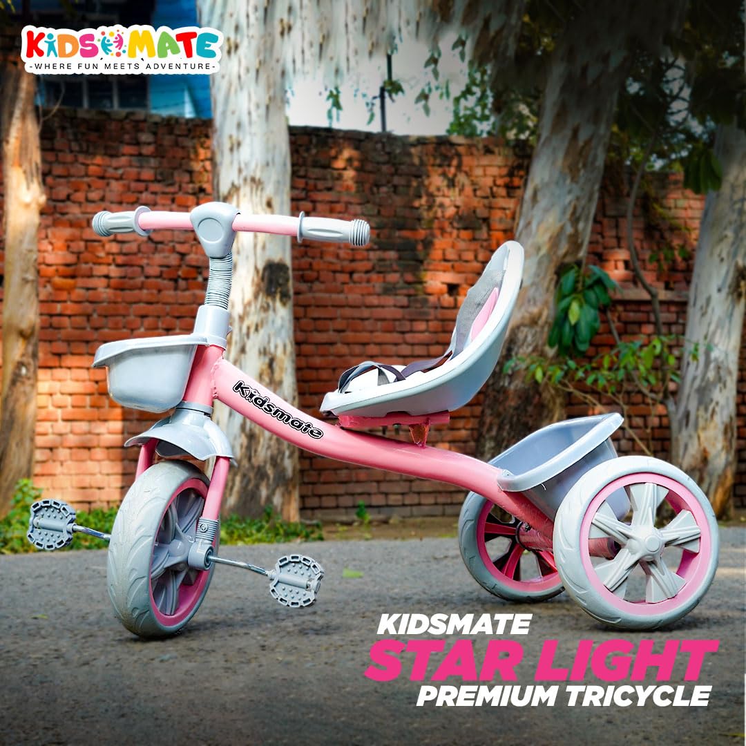 Kidsmate Junior Tricycle for Kids with Parental Control | Cycle for Kids 1-4 Years | Baby Cycle | Bicycle for Kids with Storage Basket, Cushion Seat and Seat Belt Carrying Capacity 30 Kgs (Pink)