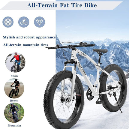 Mioox Fat Tyre Mountain Bike With 21 Speed Gears,26 * 4T Inch Wheels,Disk Brakes Cycle For Adults/Unisex (With Original Shimano Gears), Front, 18 Inches, White 