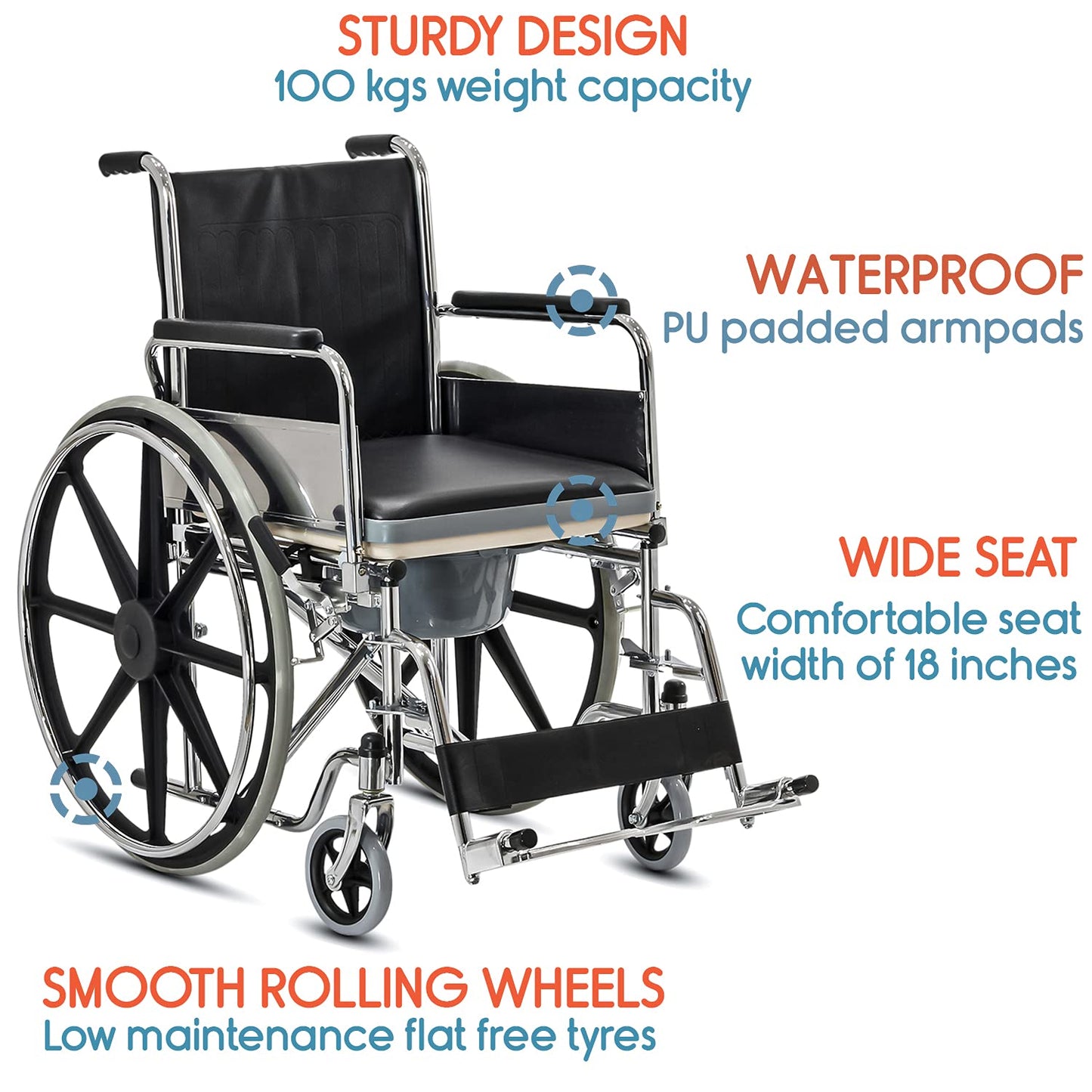 KosmoCare Dura Rexine Wheelchair | Self-Propelled & Attendant Use | Hammered Finish MS Frame | 24" Mag Wheels | Removable Footrests | Foldable Design | Comfortable Rexine Seat | Supports Up to 100 kg