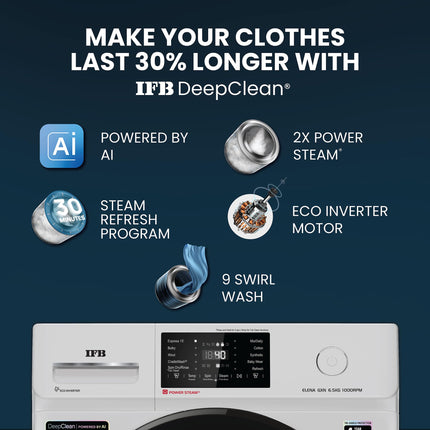 IFB 6.5 Kg 5 Star Powered by AI with 9 Swirl Wash, Fully Automatic Front Load Washing Machine (ELENA GXN 6510, Steam Refresh Program with Eco Inverter, Grey) 