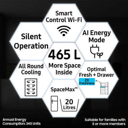 Samsung 465 L, 1 Star, Optimal Fresh+, Digital Inverter, Frost Free Double Door AI Enabled Smart Refrigerator with WiFi (RT51DG682AB1TL, Black Matt)