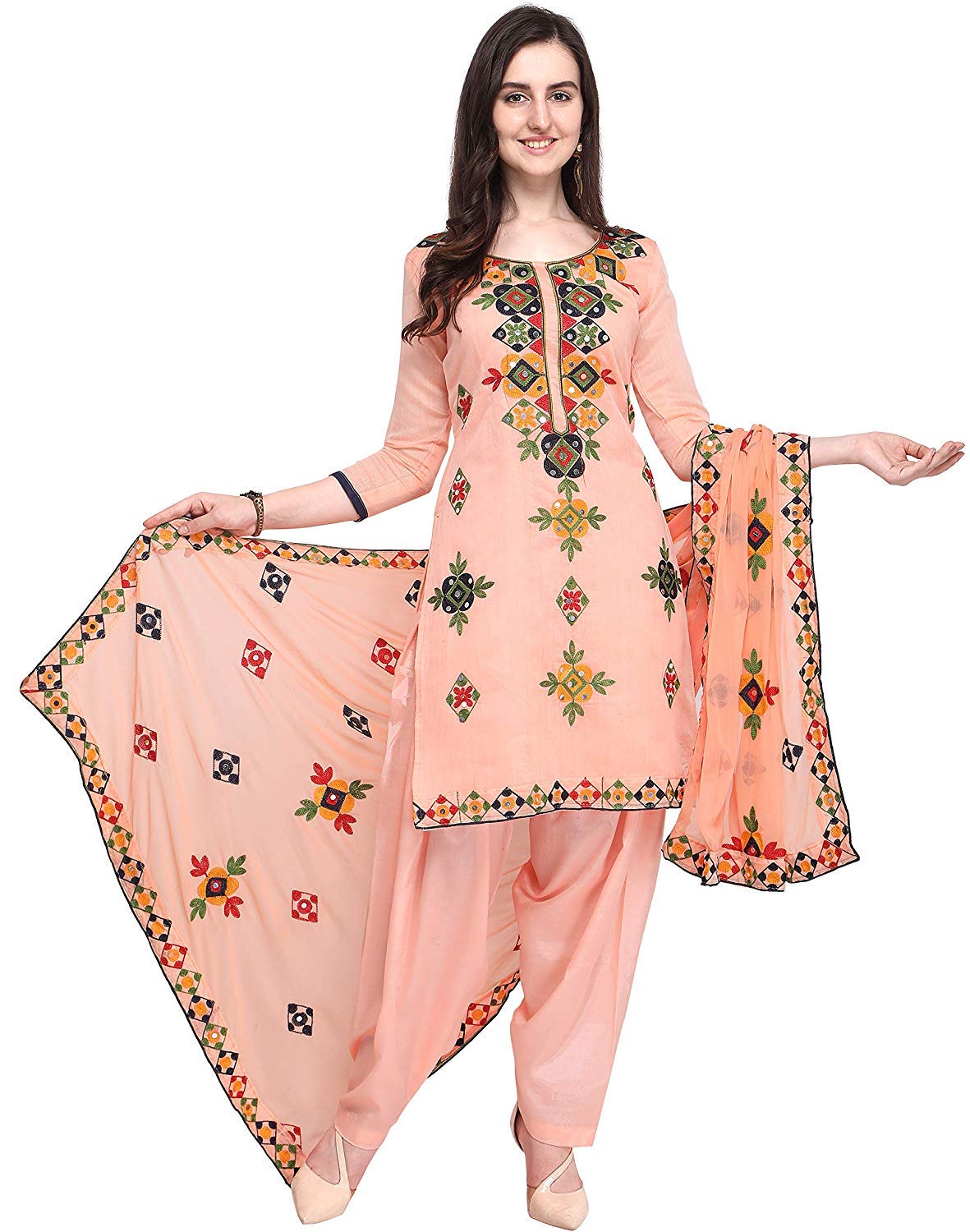 EthnicJunction Women's Chanderi Cotton Embroidered And Mirror Work Unstitched Salwar Suit Material