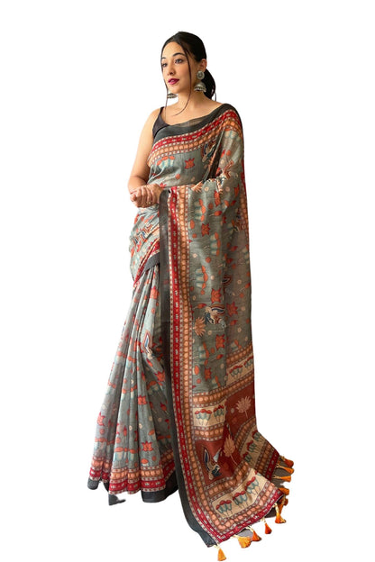 SGF11- Women's Cotton Linen Kalamkari Silk Printed Saree With Blouse Pieces