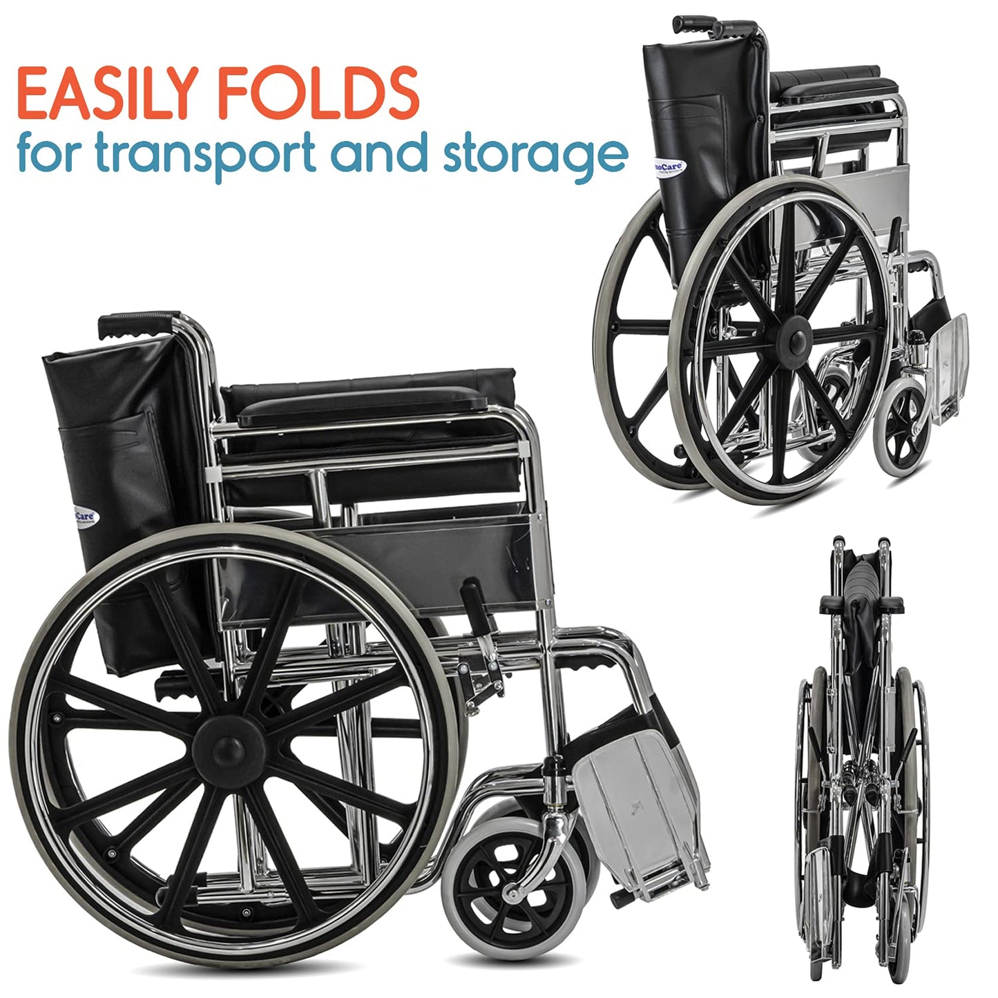 KosmoCare Dura Rexine Wheelchair | Self-Propelled & Attendant Use | Hammered Finish MS Frame | 24" Mag Wheels | Removable Footrests | Foldable Design | Comfortable Rexine Seat | Supports Up to 100 kg