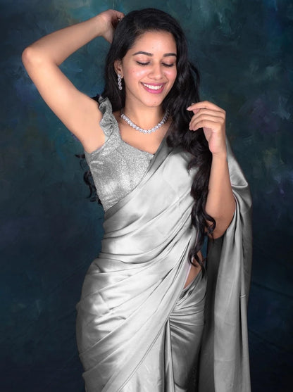 SATAZ Women's Ready to Wear Silver Light Grey Satin Silk 1 Minute Readymade Saree with Unstiched Blouse