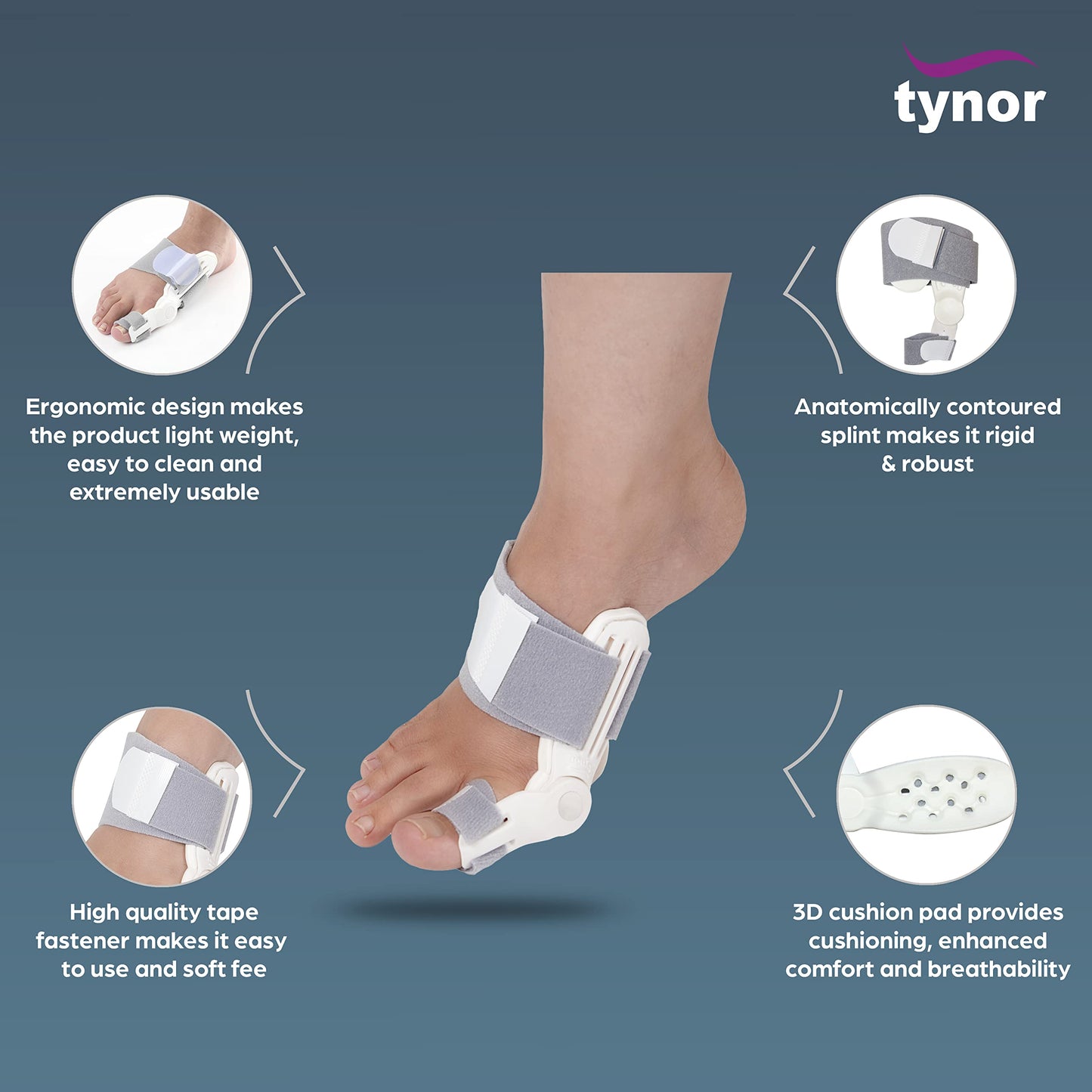 TYNOR Bunion Splint, for men & women, Durable Metal and Foam Construction for Toe Alignment and Pain Relief | Universal Size, Pack of 1 (White)