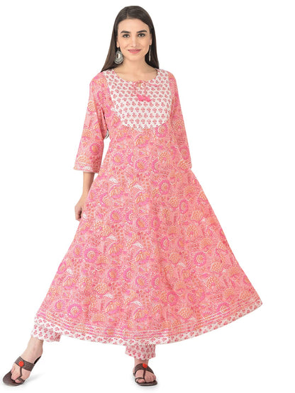 Pistaa's Women Cotton Anarkali Flair Suit Set