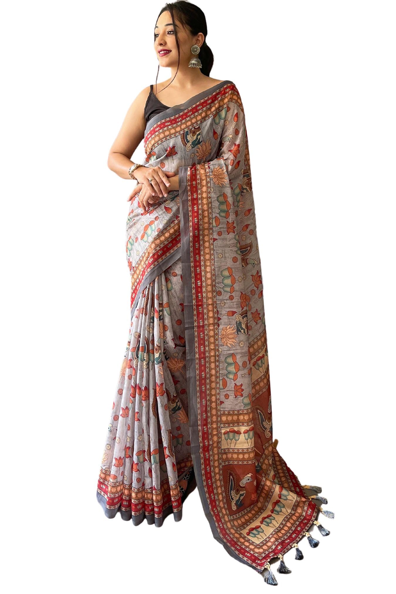 SGF11- Women's Cotton Linen Kalamkari Silk Printed Saree With Blouse Pieces