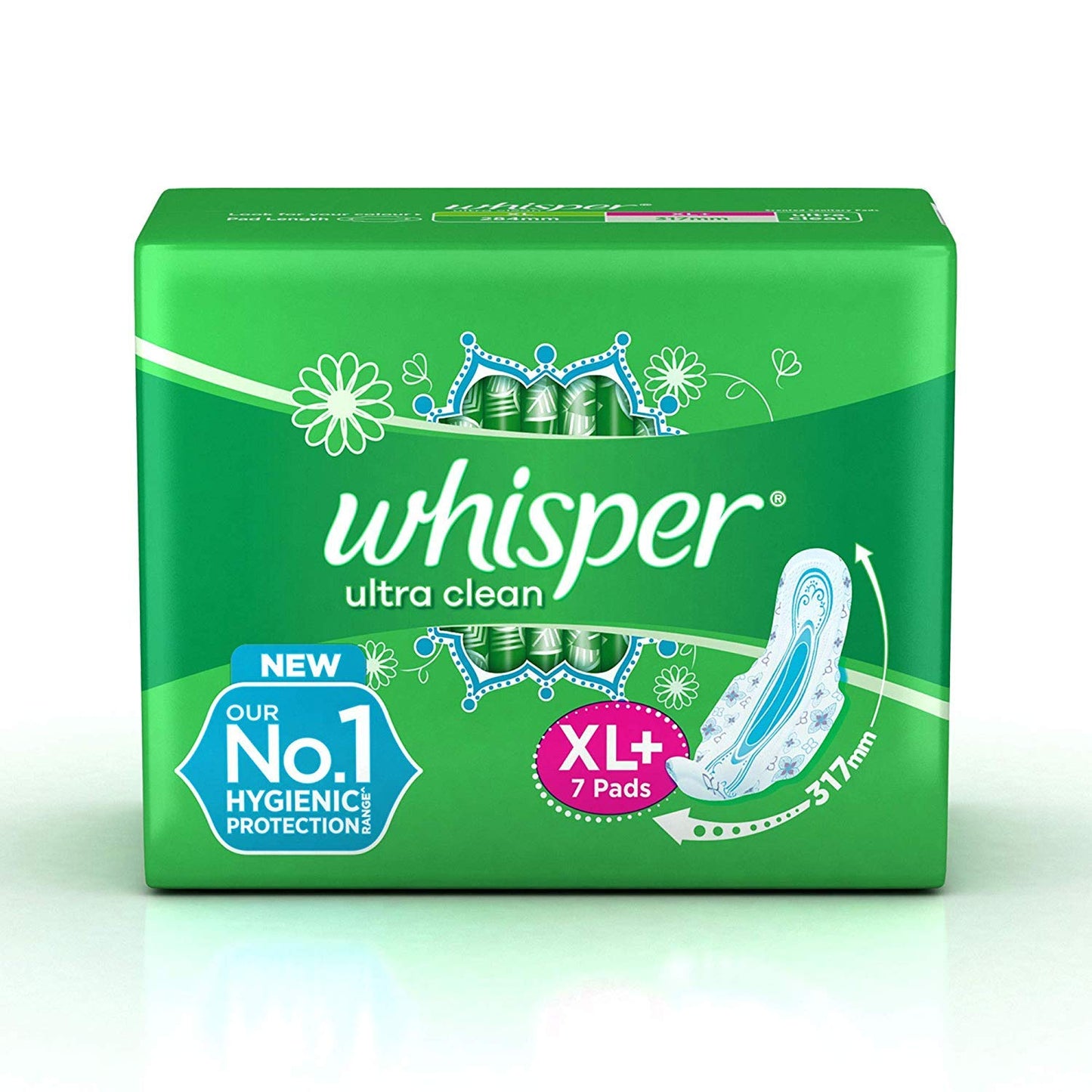 WHISPER ULTRA HYGIENE+COMFORT SANITARY PADS, 50 XL+ PADS, FOR HEAVY FLOW, LONG LASTING PROTECTION, LOCKS ODOUR & WETNESS, DRY TOP SHEET, DISPOSABLE WRAPPER