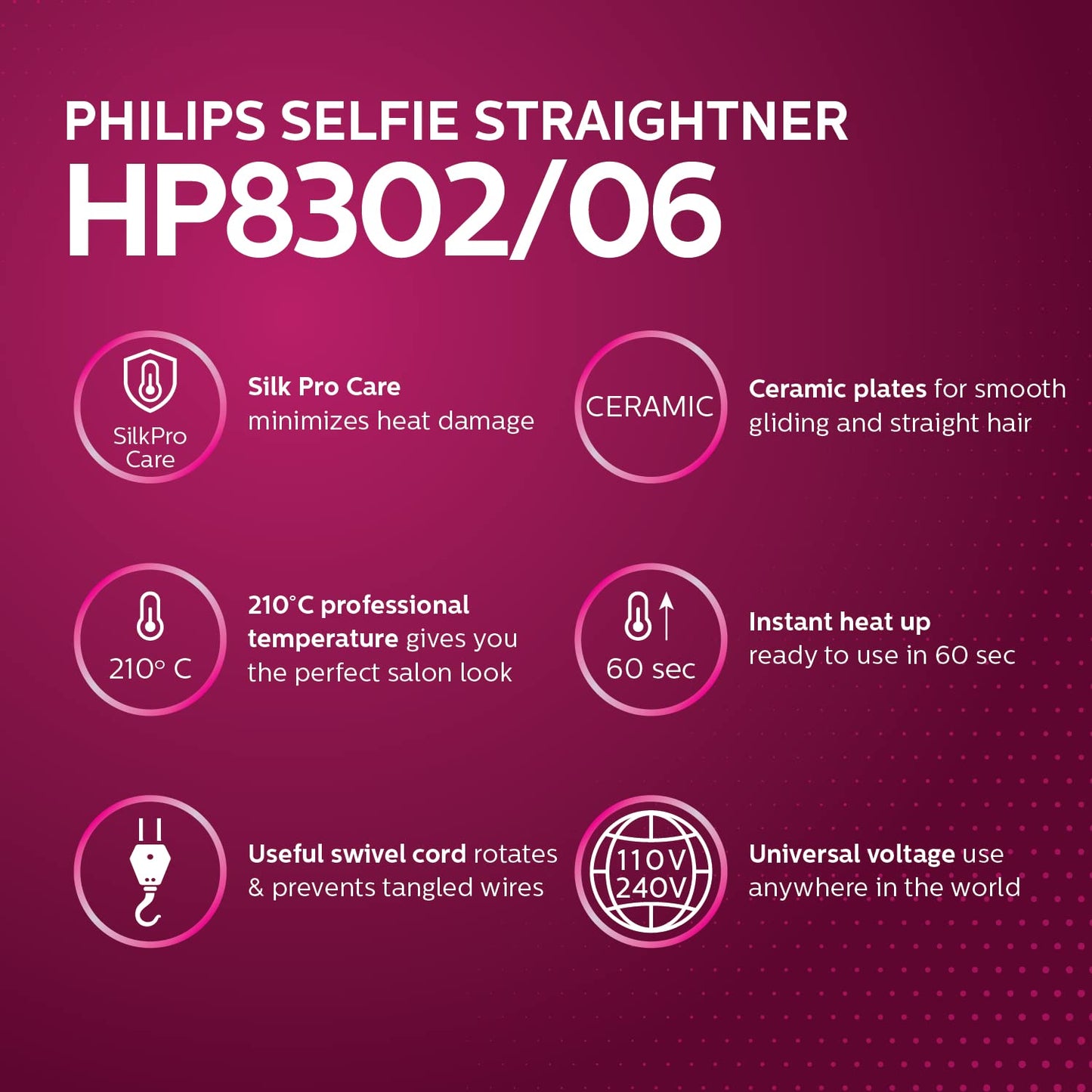 Philips Selfie Hair Straightener I Minimized Heat Damage with SilkPro Care I Ceramic Coated Plates I No.1 Preferred Hair Styling Appliance Brand I HP8302/06