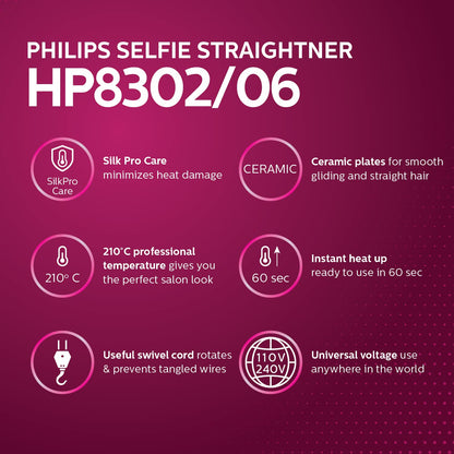 Philips Selfie Hair Straightener I Minimized Heat Damage with SilkPro Care I Ceramic Coated Plates I No.1 Preferred Hair Styling Appliance Brand I HP8302/06