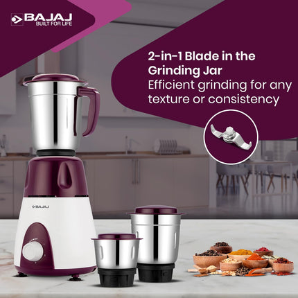 Bajaj Rex Mixer Grinder 500W|Mixie For Kitchen With Nutri-Pro Features|3 SS Mixer Jars For Heavy Duty Grinding|Adjustable Speed Control|Multifunctional Blade System|2 Year Warranty By Bajaj|Purple 