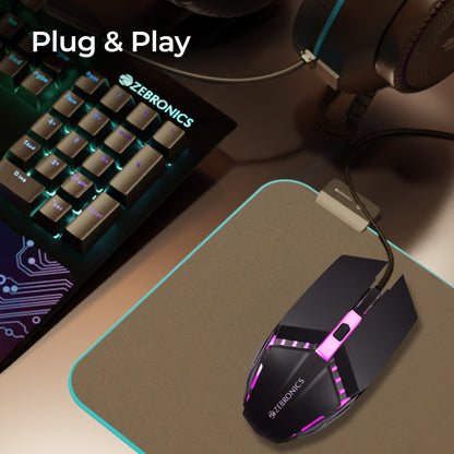 ZEBRONICS PHERO Wired Gaming Mouse with up to 1600 DPI, Rainbow LED Lights, DPI Switch, High Precision, Plug & Play, 4 Buttons