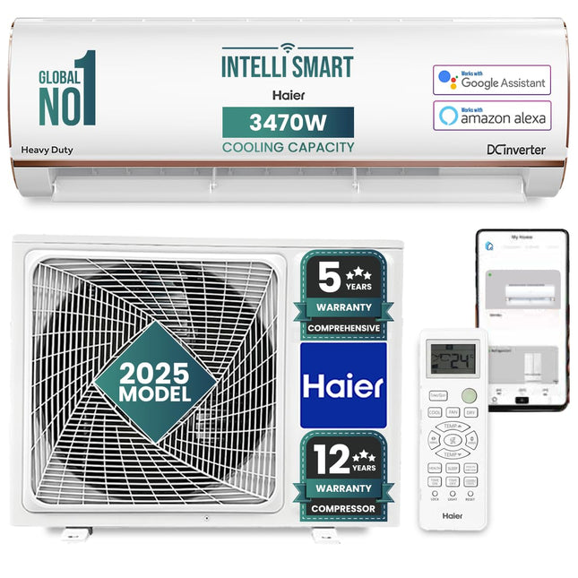 Haier 1 Ton 4 Star Smart Split AC (3470W, Copper, Wi-Fi, 4-Way Swing, 7 in 1 Convertible, Anti Bacterial Filter, Cools at 60°C Temp, 20 Mtr. Air Throw - HSU13K-PYFR4BN-INV, 2025 Model - White) 