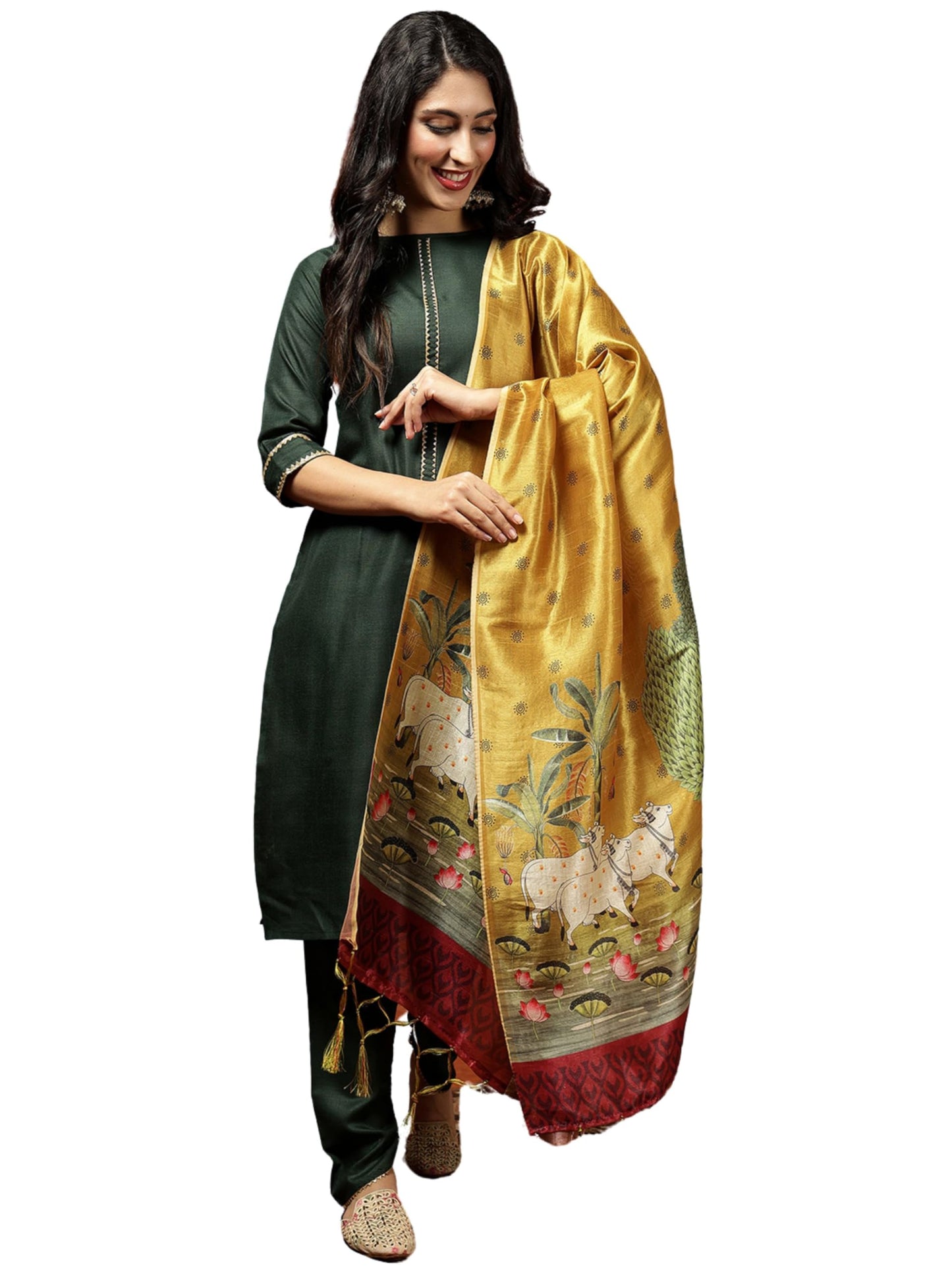 EthnicJunction Women's Cotton Blend Kurta Pant Dupatta Set with Digital Print Dupatta