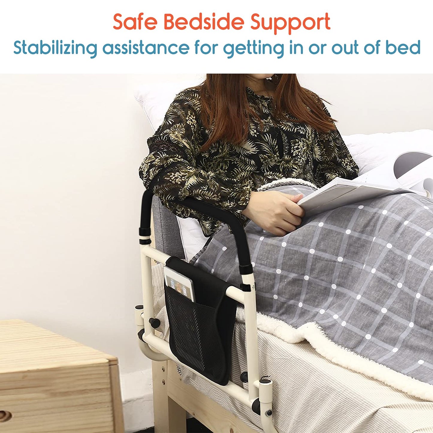 KosmoCare Bedside Safety Handle | Bed side Rail for adults | Medical Bed Assist Bar with Storage Pocket | Fall Prevention Safety Hand Guard Grab Bar for Elderly |