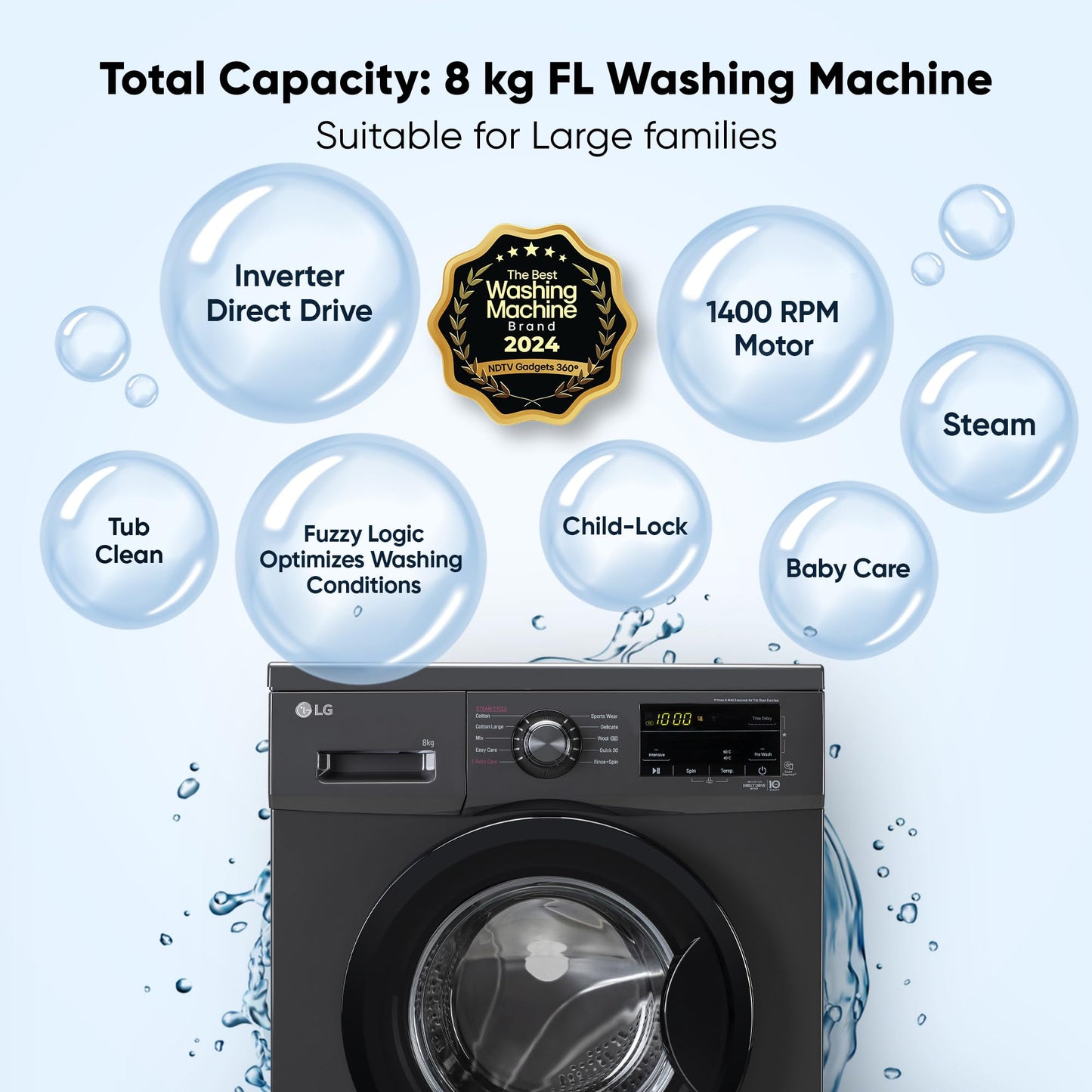 LG 7 Kg, 5 Star, Direct Drive Technology, Steam Wash, 6 Motion DD, Smart Diagnosis, Fully-Automatic Front Load Washing Machine (FHM1207SDM, Allergy Care, In-Built Heater, Touch Panel, Middle Black)