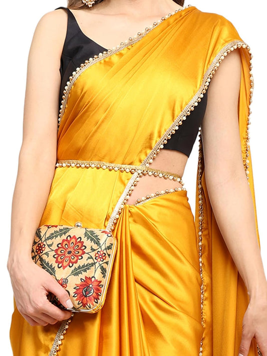 SATAZ Women's Ready to Wear Satin Silk One Minute Readymade Saree With Unstiched Blouse And Waist Belt (Yellow)