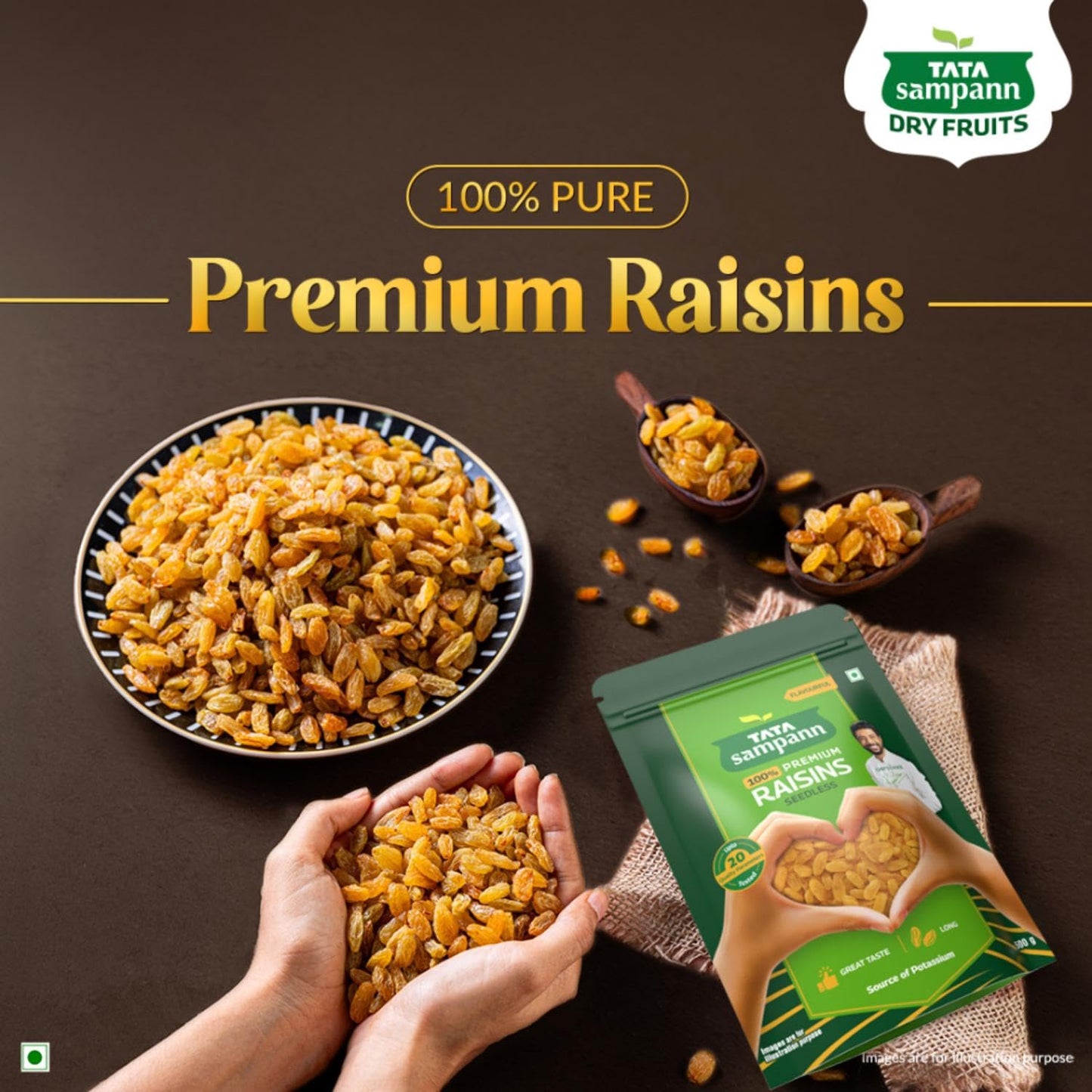 Tata Sampann Pure Raisins Seedless/Kishmish, 500g, Source Of Potassium, Premium Dry Fruits, Green Raisins