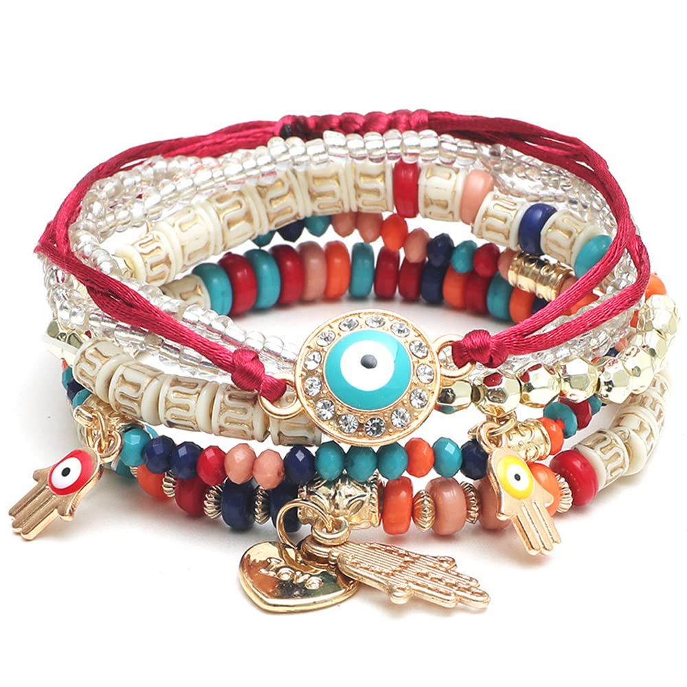 Shining Diva Fashion Bohemian Stackable Multilayer Hamsa Hand Evil Eye Lucky Protection Bracelets Multicolor Crystal Charm Beaded Bracelet for Women Girls